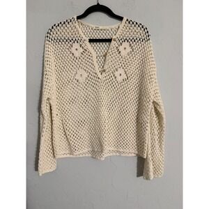 Pull&Bear Womens Cream Crochet Knit Long Sleeve Henley Sweater Sz S Boho Floral
